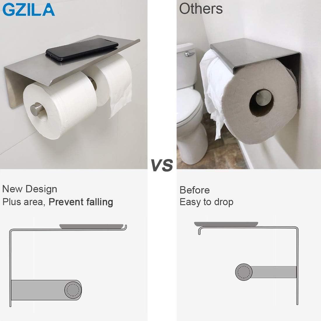Large Double Toilet Paper Holder with Shelf, GZILA Dual Toilet Paper Rolls Holder Wall Mounted, Bathroom Mobile Phone
