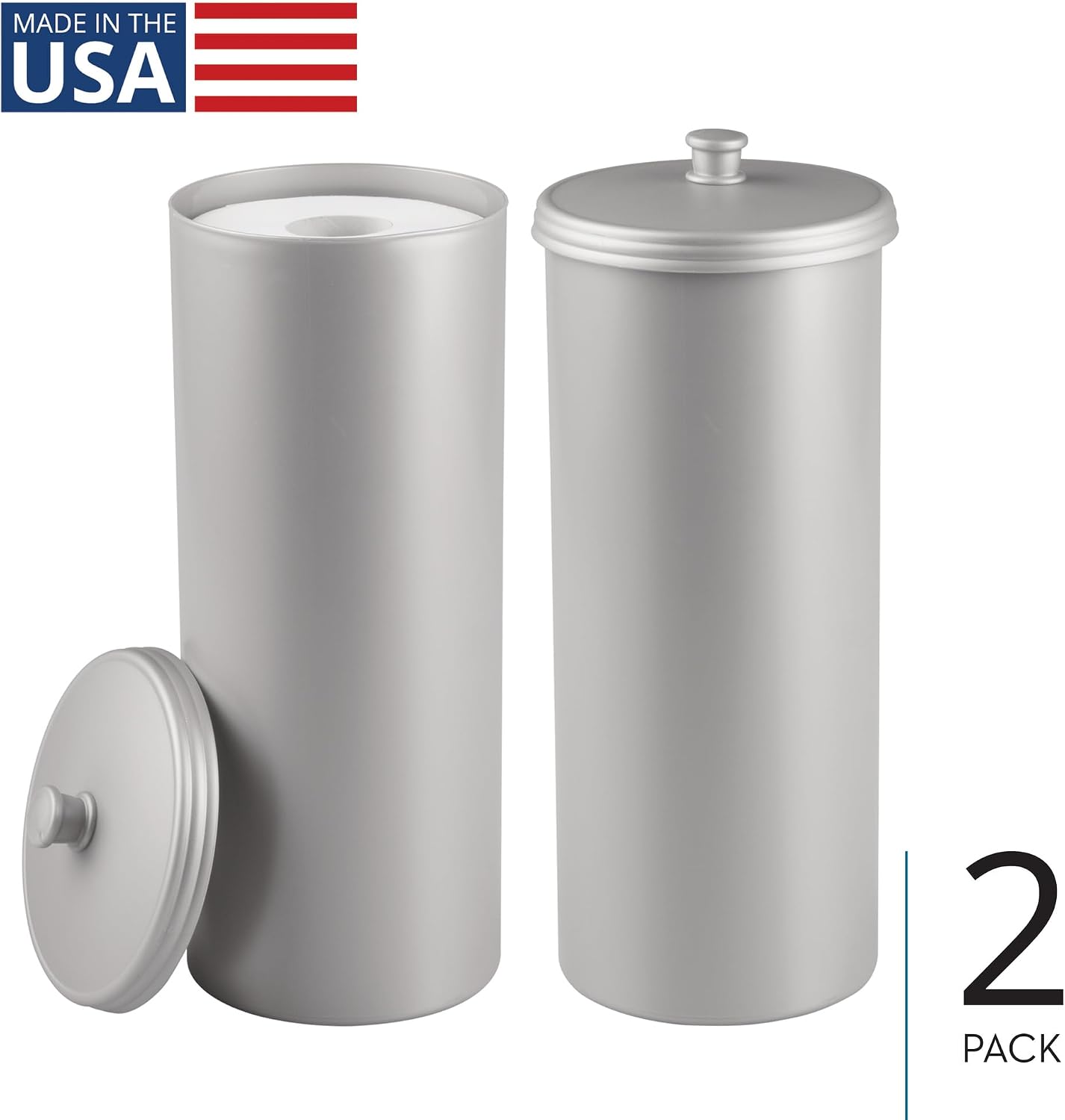 iDesign Freestanding Bathroom Toilet Paper Storage Holder, 2-Pack, Silver | With Lid, For 3 Extra Rolls
