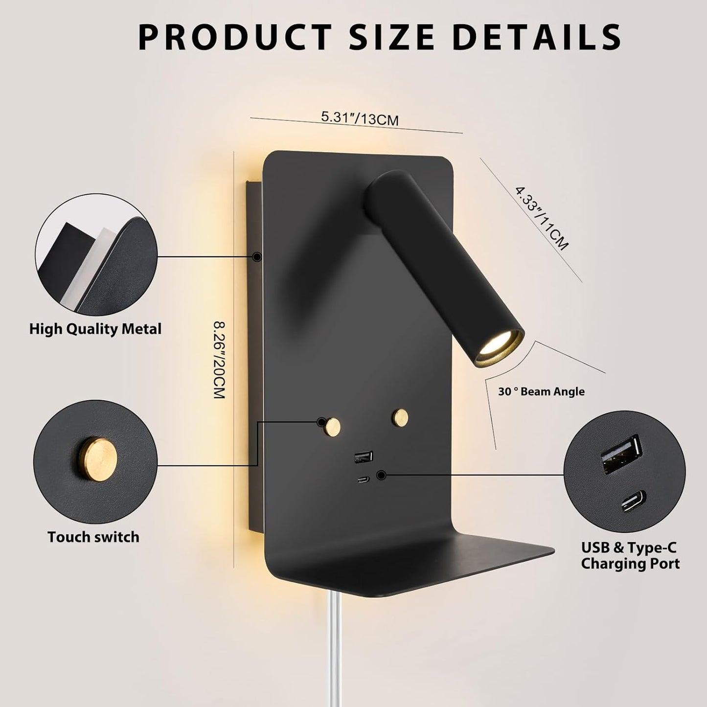 ZEROUNO LED Dimmable Wall Mounted Reading Light, Backlight Night Wall Lamp, Adjustable Headboard Plug in Wall Sconce