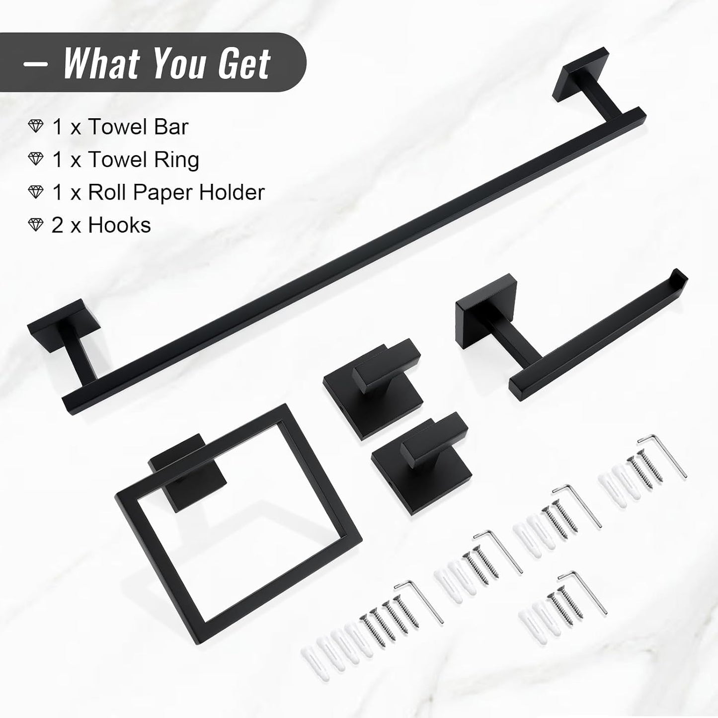 YACVCL Black Towel Bar Set 5-Piece Bathroom Hardware Accessories Set,SUS304 Stainless Steel Towel Rack Set,23.6 Inch