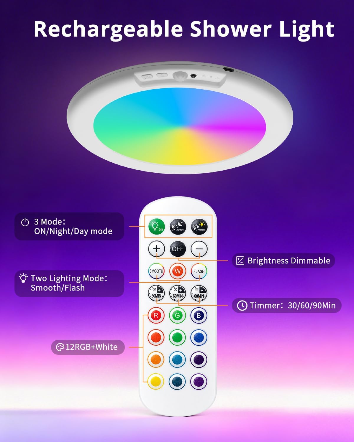 wowatt RGB Rechargeable Shower Lights for Inside Shower Waterproof IP44 | 12 RGB Colors&White Battery Ceiling Lights