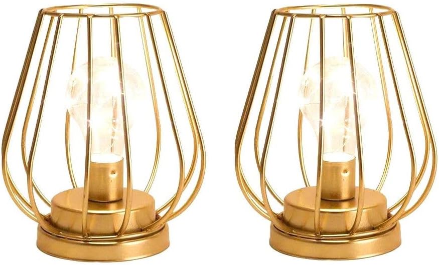 TRIROCKS Set of 2 Metal Battery Operated Lamp 7'' Tall Mini Cage Shape Cordless Table Lamp Battery Lanterns with Warm