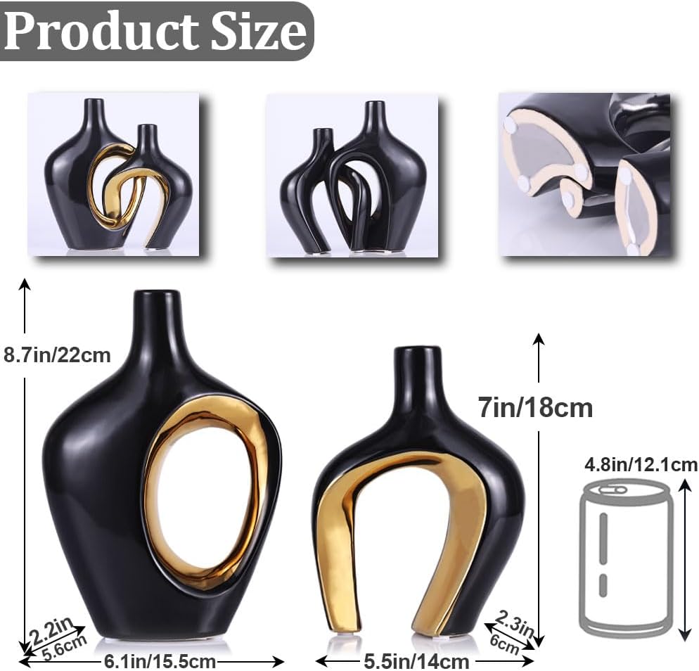 Hollow Ceramic Vase / Black and Gold / Set of 2
