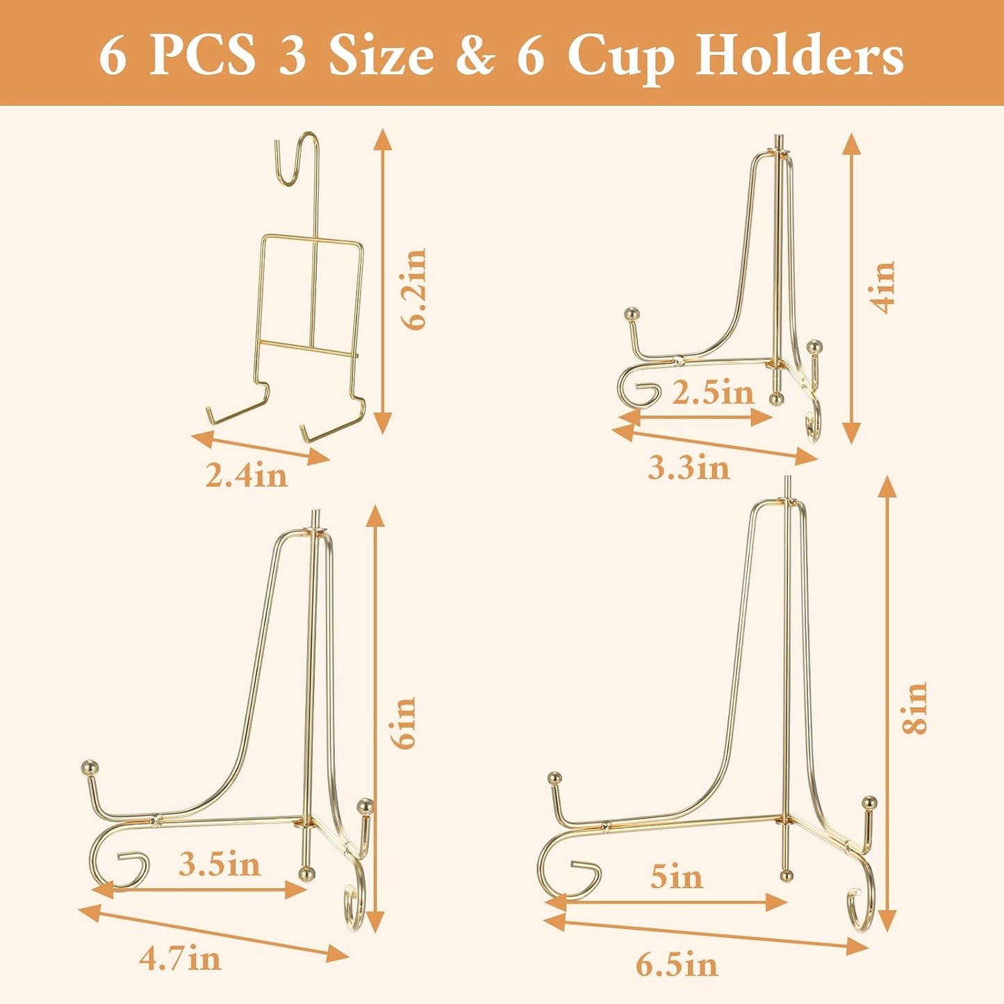 3 Size Plate Stands for Display / Gold / 8 Inch / Set of 6