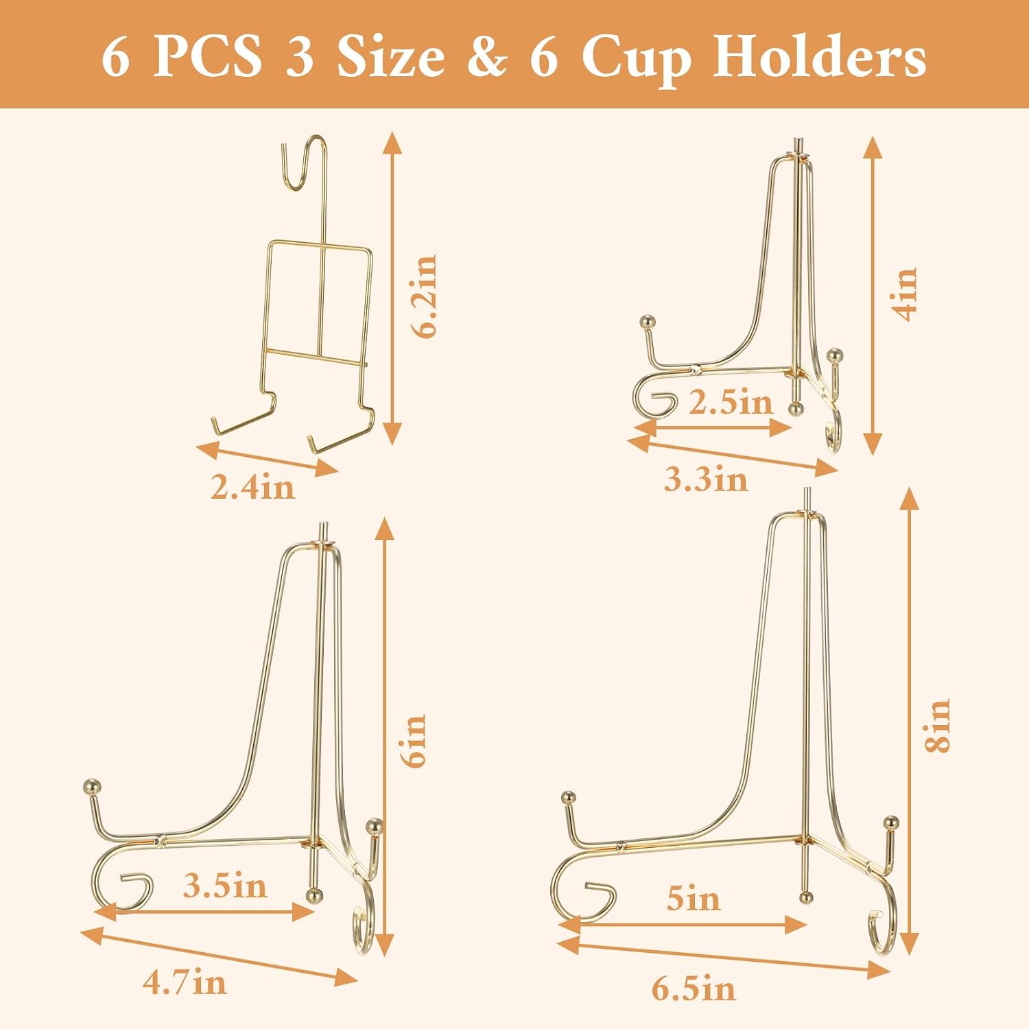 3 Size Plate Stands for Display / Gold / 8 Inch / Set of 6