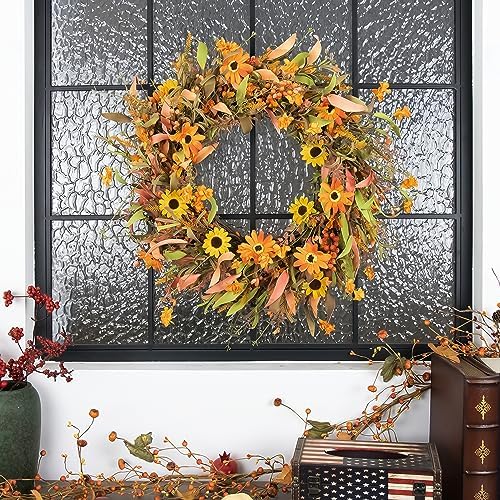 JINGHONG Fall Wreaths for Front Door 22 Inch Artificial Fall Wreath Floral Autumn Wreath for Outside Door Harvest Thanksgiving Day Celebration
