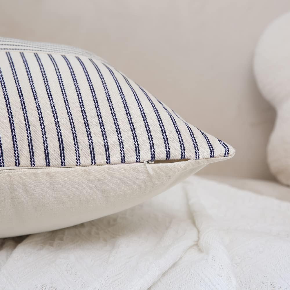 Beige Patchwork Farmhouse Throw Pillow Covers / Navy Blue / 18 x 18 / Set of 2