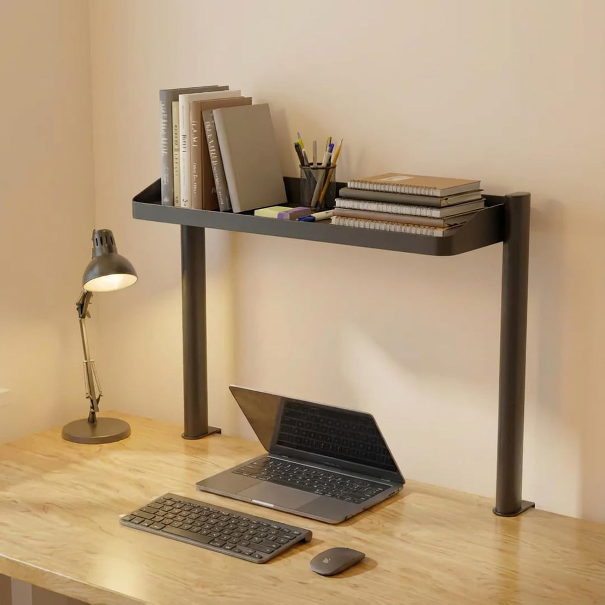 Clamp on Desk Shelf, 17in 2-Tier Office Desk Shelves Organizer, Small Shelf for Top of Desk with Headphone Holder and