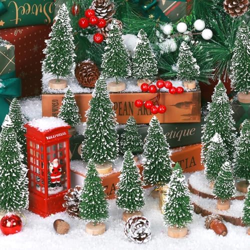 30Pcs Mini Christmas Tree Decor, Artificial Christmas Tree 5 Sizes,Mini Sisal Snow Frost Trees with Wooden Base for Christmas Decor Christmas Party Home Table Craft Decorations (B/Green)