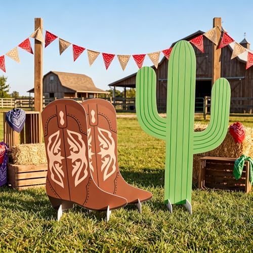 Sliner 3 Pcs Western Cowboy Party Decorations 23-35 Inch Brown Cactus and 2 Boots Shape Cowboy Photography Booth Prop for Western Birthday Wedding Theme Party Supplies