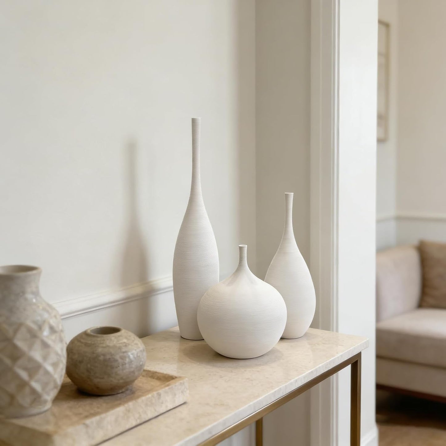 Ceramic Vase / Modern Boho Vases for Centerpiece Decor / White / Set of 3