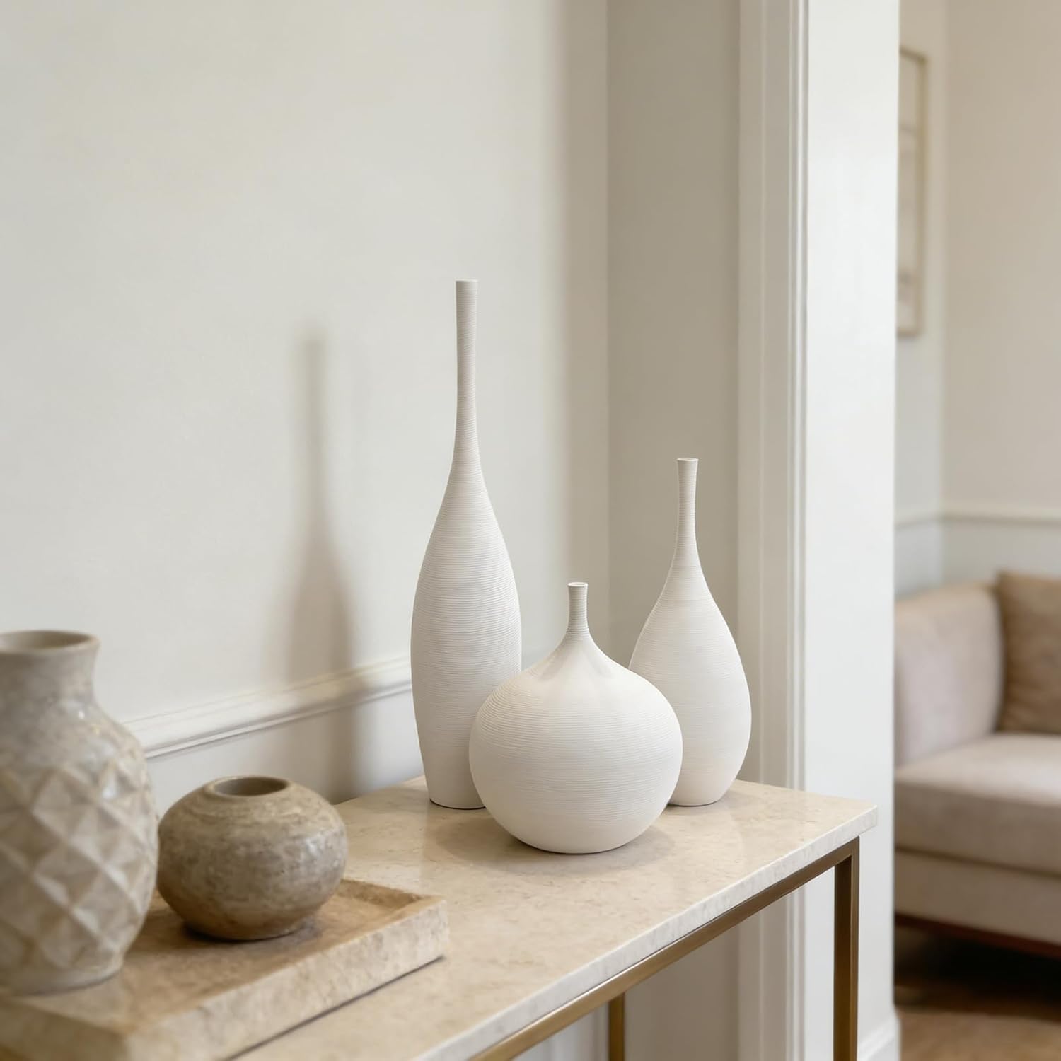 Ceramic Vase / Modern Boho Vases for Centerpiece Decor / White / Set of 3