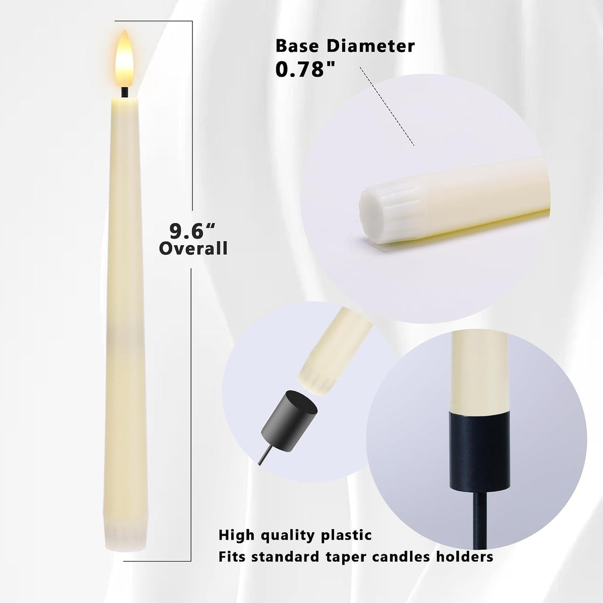 Flameless Taper Candles with Remote, Flickering Battery Operated Candles | Ivory Plastic LED Candlesticks, 9.6 Inches