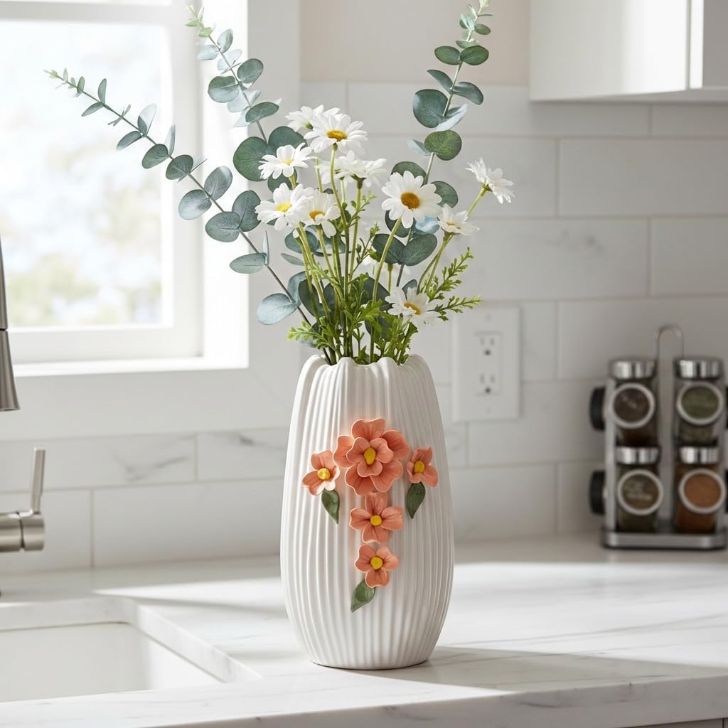 Modern Boho Ceramic Vases Home Decor / White and Orange / 9 Inch