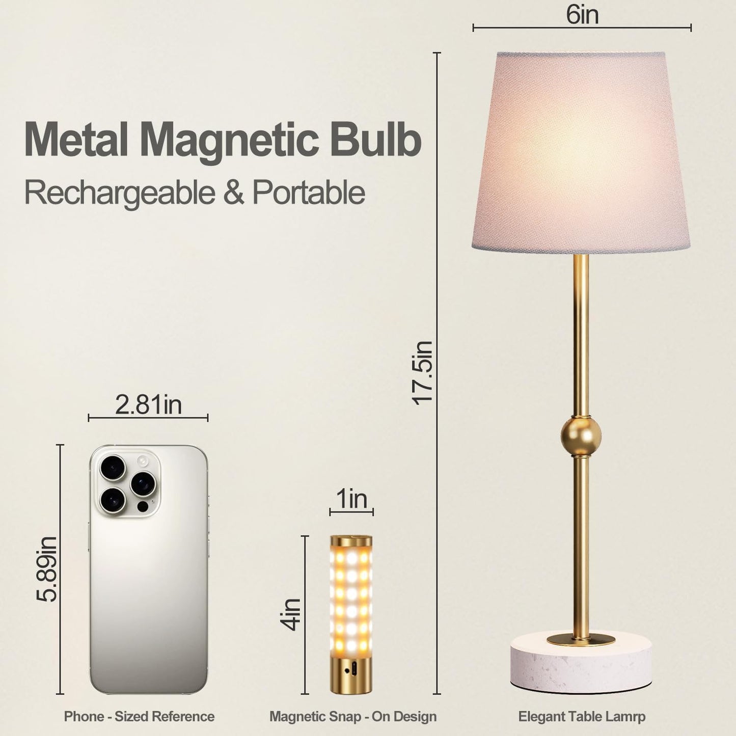17.5" Cordless Table Lamp – Battery Operated Lamp & Rechargeable Lamp & Dimmable with Detachable Magnetic Bulb, Marble
