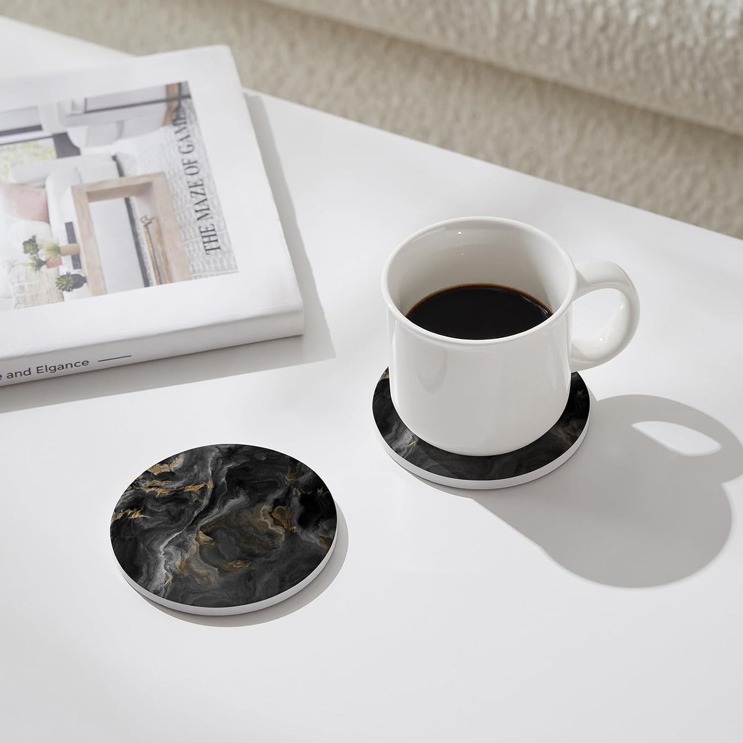 Holder / Absorbent Ceramic Coasters for Drinks / Abstract Black Marble / Set of 6
