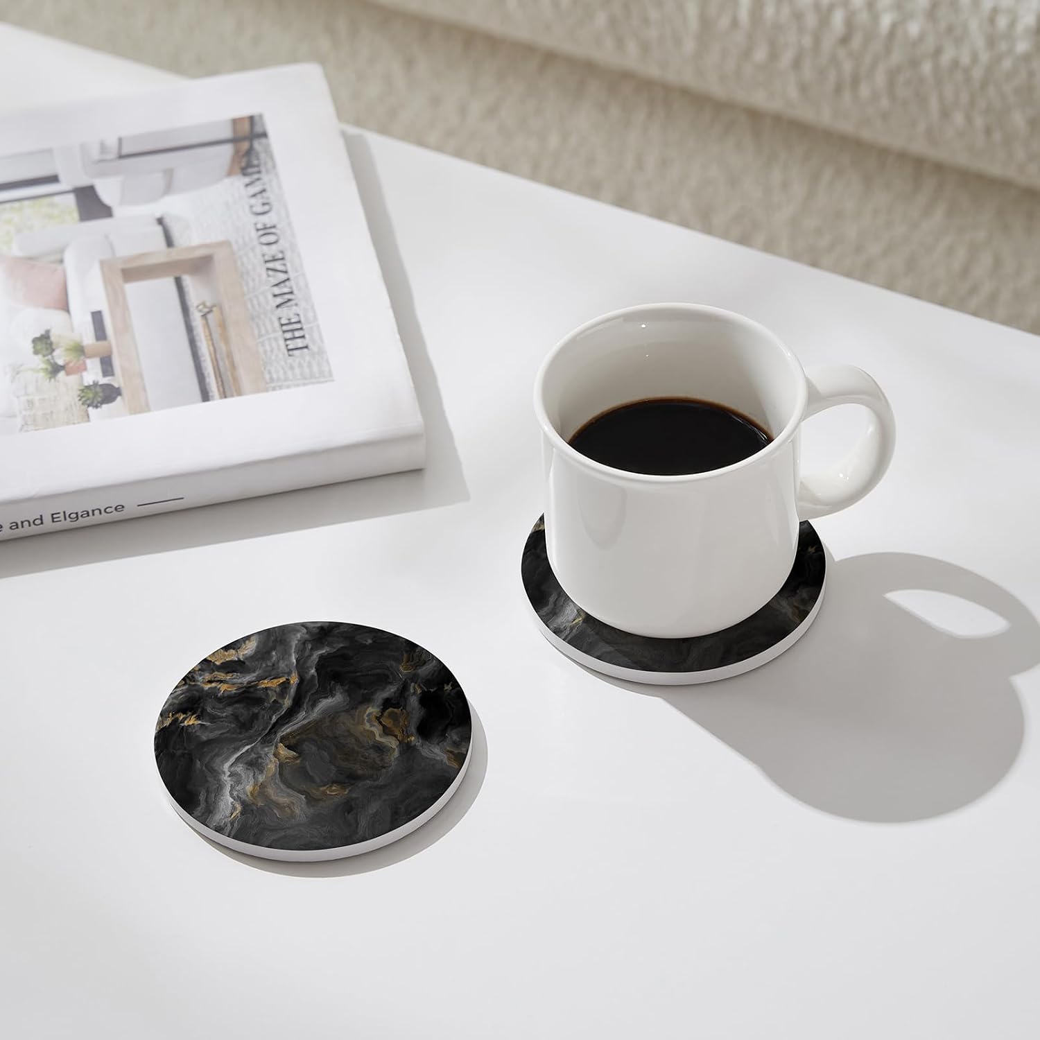 Holder / Absorbent Ceramic Coasters for Drinks / Abstract Black Marble / Set of 6