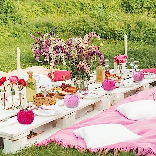 Winlyn 4 Pcs Assorted Faux Pink Velvet Pumpkins Decorative Fabric Pumpkins 5" for Gifts Fall Wedding Baby Shower Thanksgiving Halloween Table Centerpiece Mantel Bowl Farmhouse Decor