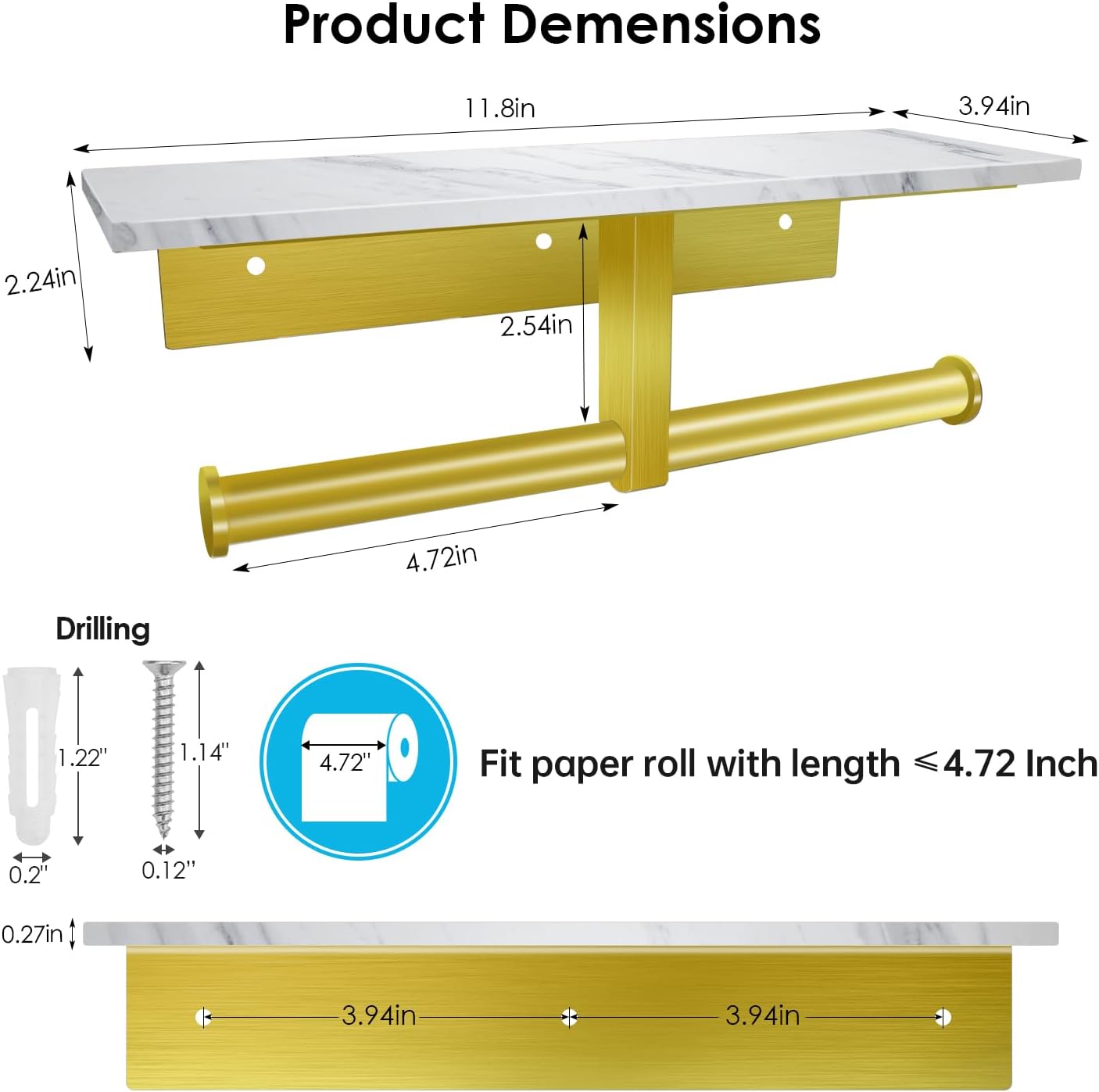 Toilet Paper Holder with Shelf, Double Toilet Paper Holder Wall Mount and 2PCS Free Adhesive Hooks for Bathroom