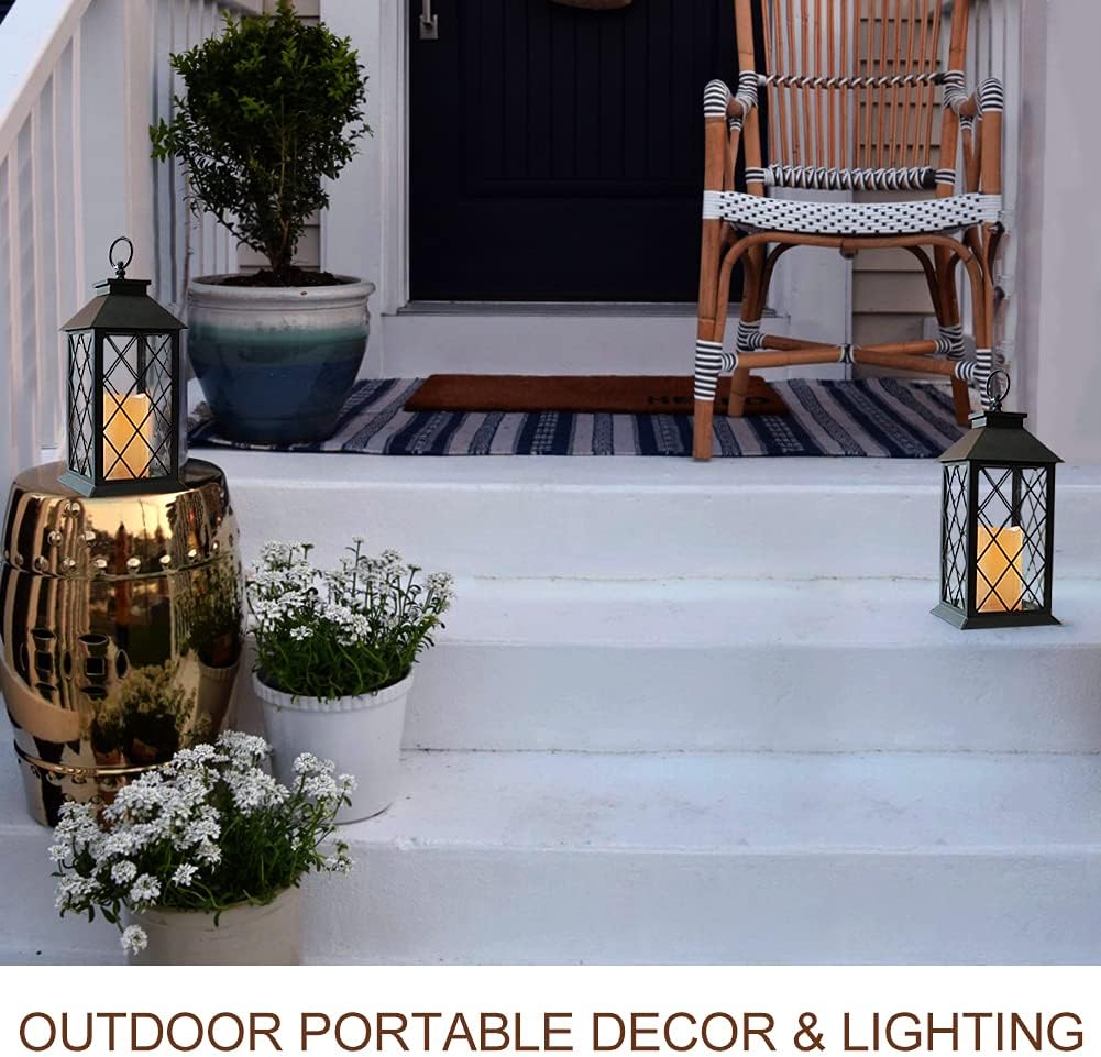 2-Pack 13.5" Vintage Candle Lantern with LED Pillar Candle (Black, 6hr Timer) - IP44 Waterproof Battery Powered