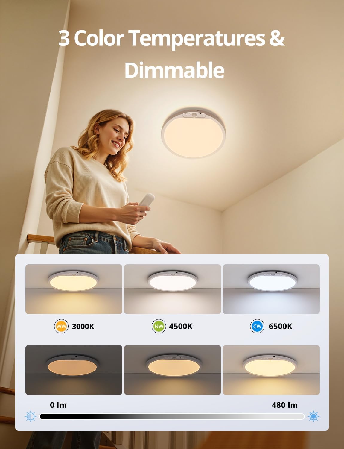 Rechargeable Battery Operated Ceiling Light for Shower Inside Wireless, 80 Day Battery Life Powered 11.8Inch Bright