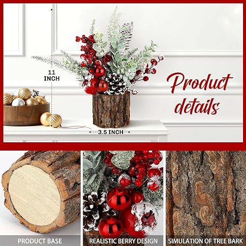 Small Christmas Tree Tabletop Artificial Mini Christmas Tree Decorations with Holiday Ornaments Red Berry Pine Cone Greenery for Home Indoor Fireplace Mantel Xmas Decor (2pcs -Tree Stump-Red)