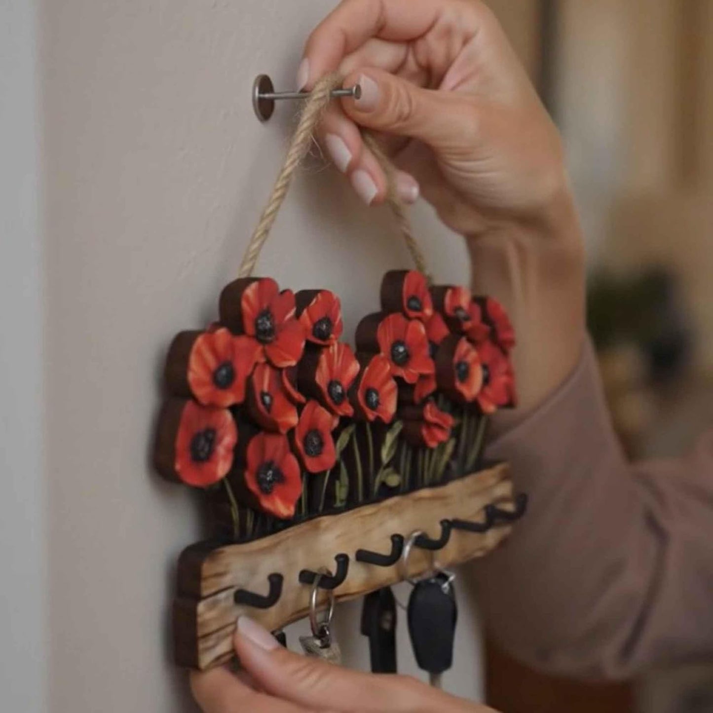 Wooden Key Holder / Rustic Poppy Flower Key Rack