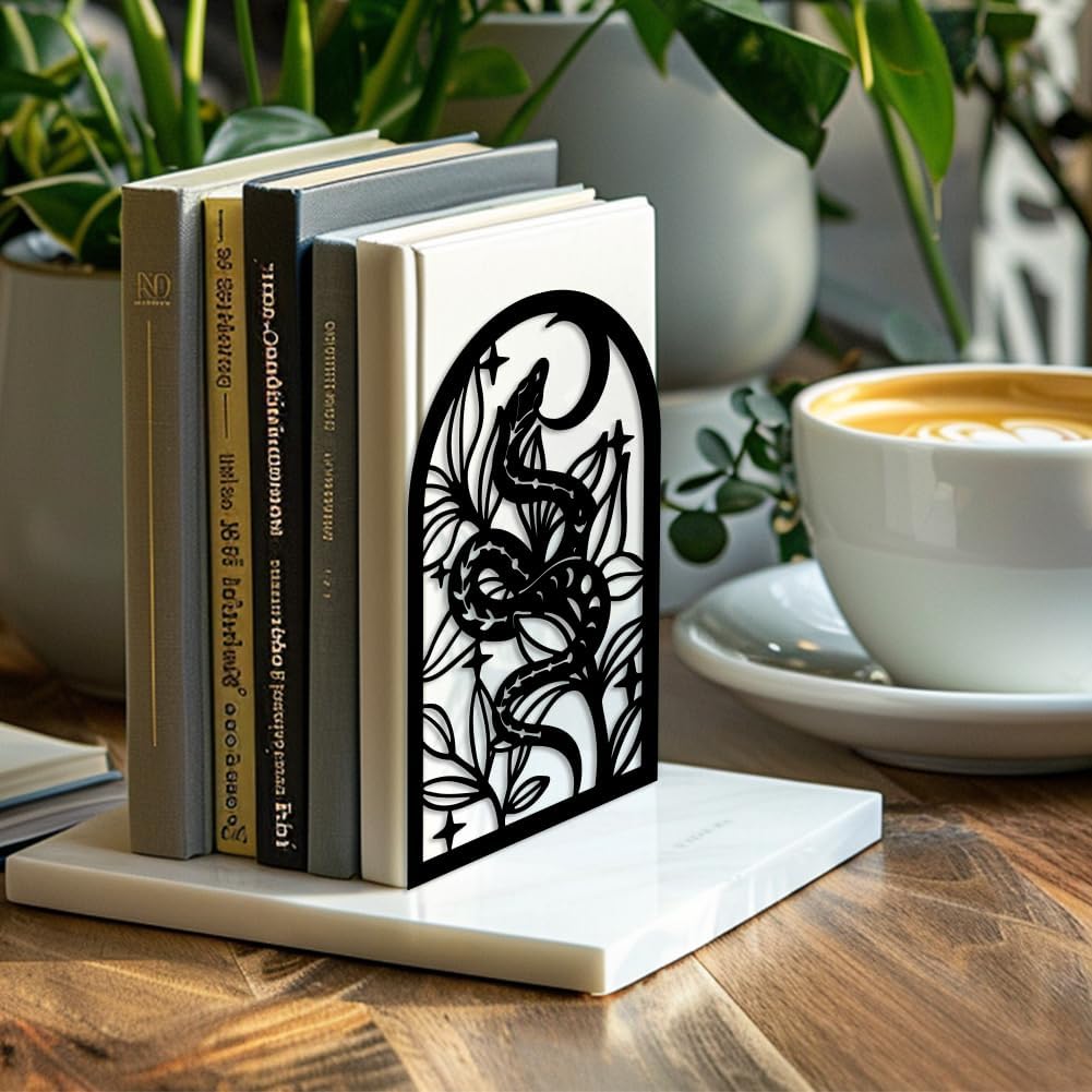 Metal Bookends / Modern Decorative Heavy Duty Study Book Support Stoppers / Bohemia Snake and Flower