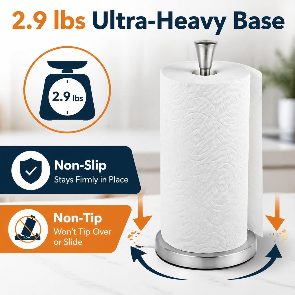 Paper Towel Holder Countertop with Suction Cups - Heavy Duty (2.9 lbs) Stainless Steel Paper Towel Dispenser, One-Hand