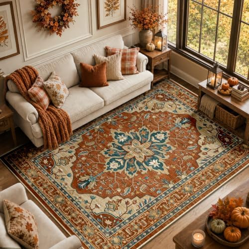 RELEANY Washable Area Rug, 8'x10', Red/Orange/Blue/Brown