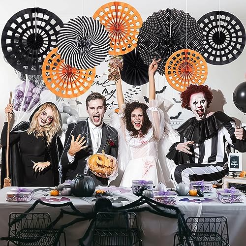 Halloween Party Decorations, Black and Orange Party Decorations, Halloween Spider Web Hanging Paper Fans Party Decorations for Basketball Birthday Graduation Gothic Office Halloween Party Decorations