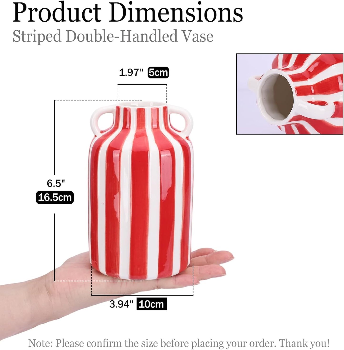 Ceramic Vase / Mid Century Modern Striped Vase for Flower & Pampas Grass Centerpiece / Red and White