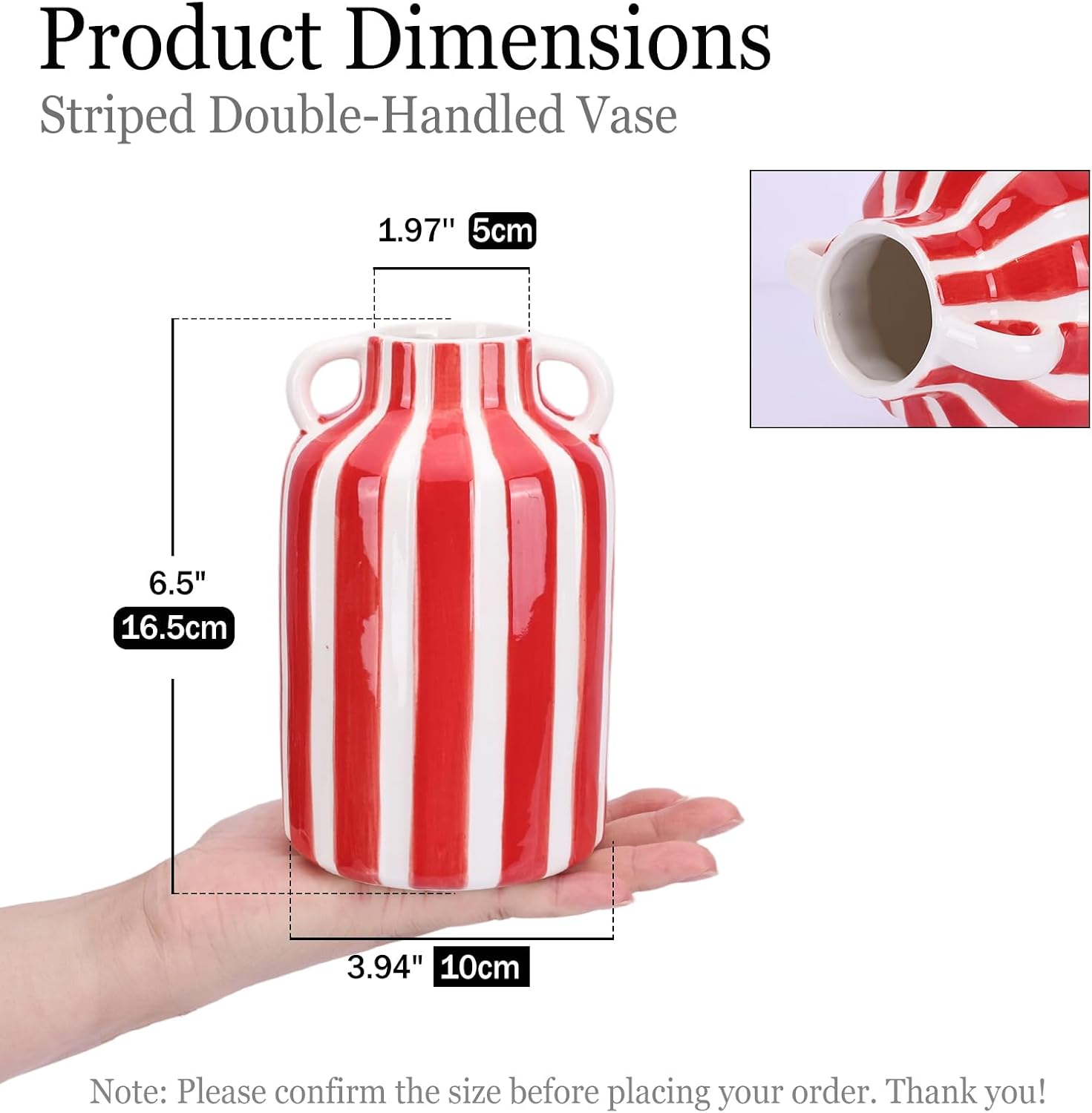 Ceramic Vase / Mid Century Modern Striped Vase for Flower & Pampas Grass Centerpiece / Red and White