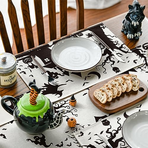 Artoid Mode Black White Spooky Haunted House Tree Ghost Witch Halloween Placemats Set of 4, 12x18 Inch Seasonal Fall Holiday Table Mats for Party Kitchen Dining Decoration