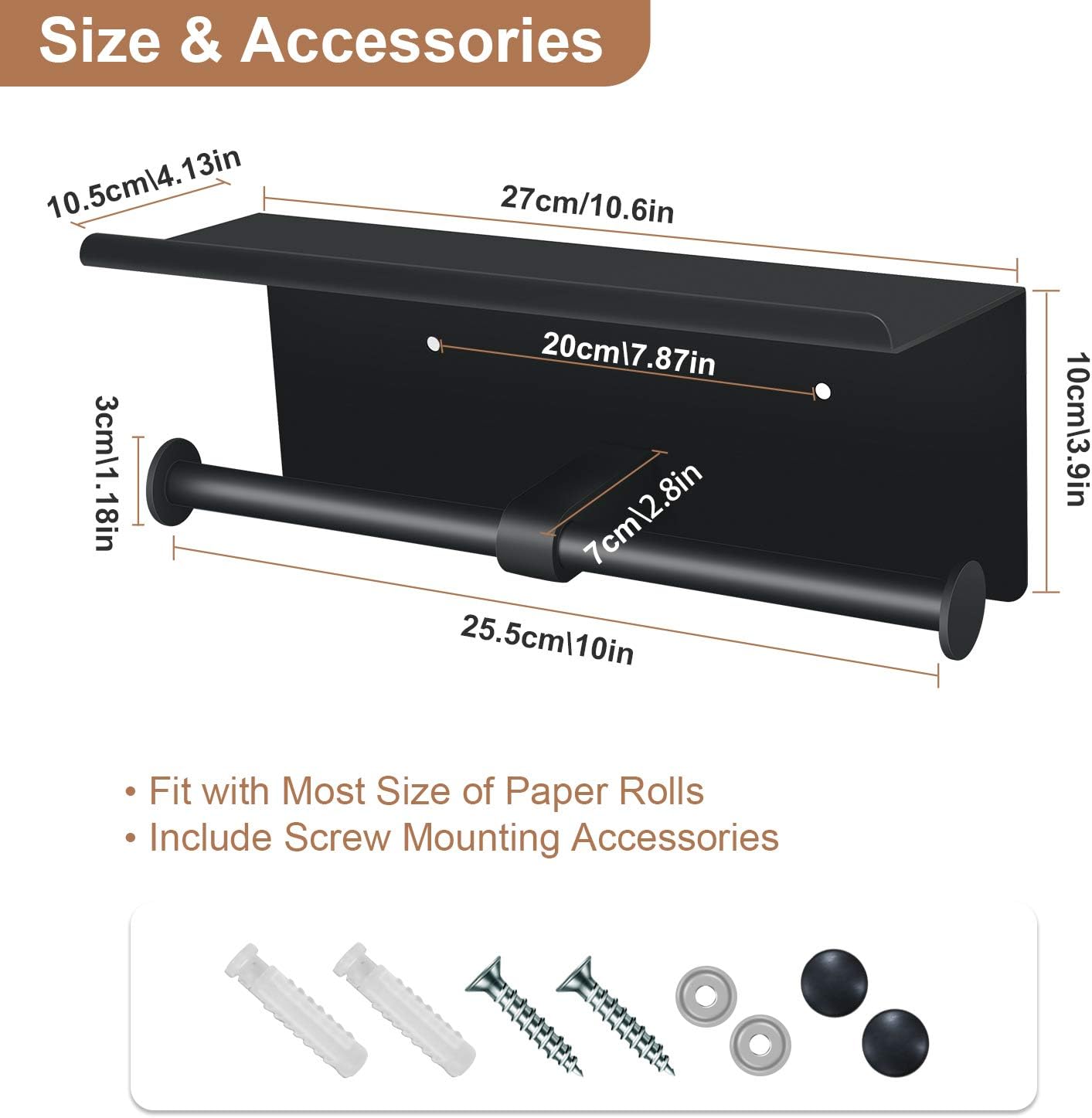 Toilet Paper Holder with Shelf Wall Mounted Toilet Paper Storage, Double Roll Tissue Holder Dispenser Bathroom Toilet