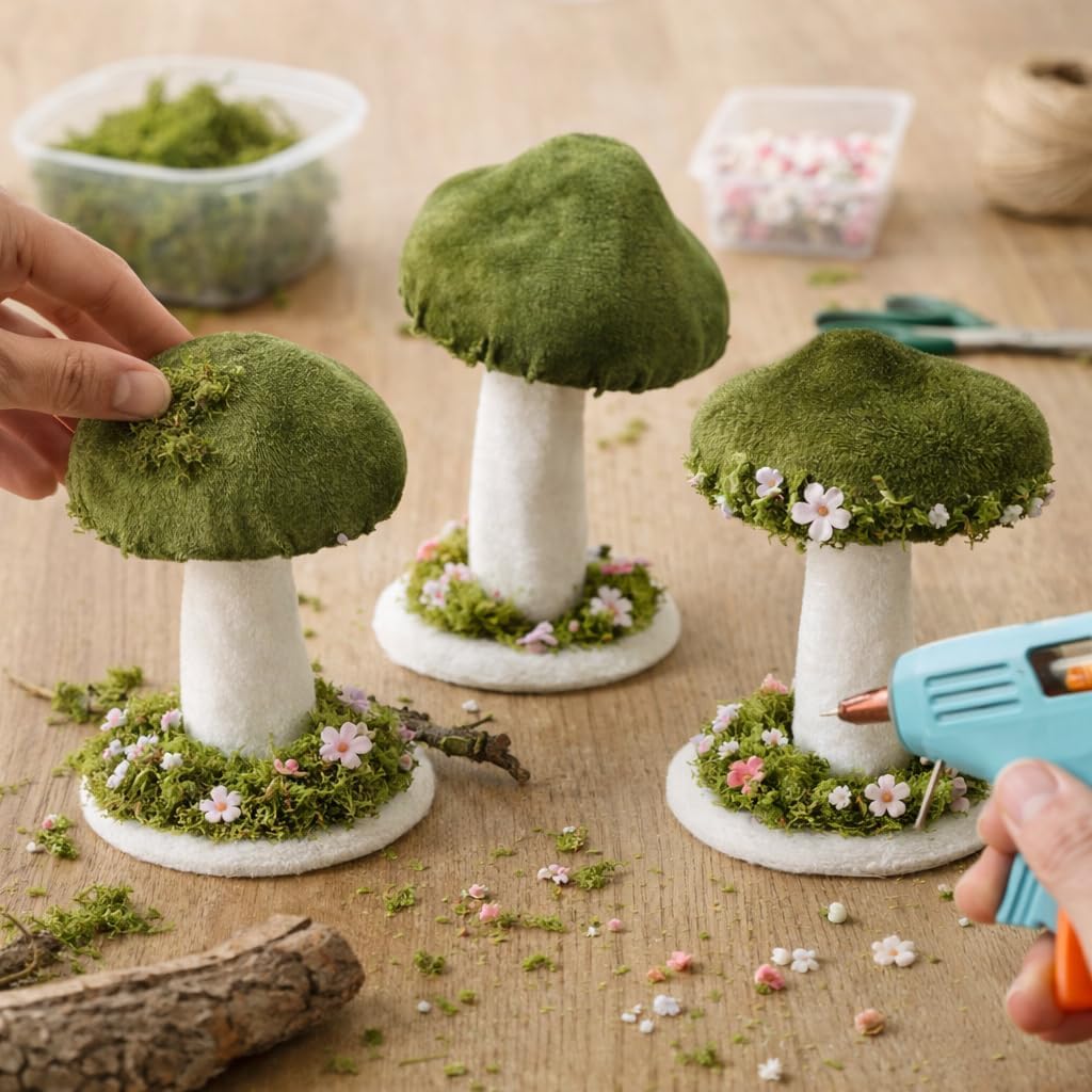 Velvet Mushrooms & White Artificial Mushroom Set Fake Fruits for Easter Home / Green / Set of 3