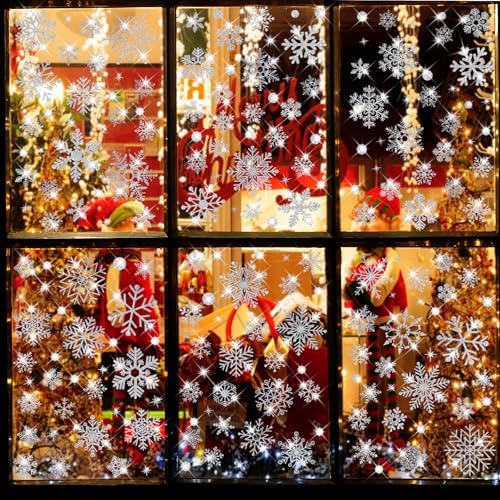 207PCS Glitter Snowflake Window Clings - Christmas Window Clings for Glass Windows, Double Sided Reusable Static Christmas Clings for Winter Wonderland Decorations (9 Sheets)