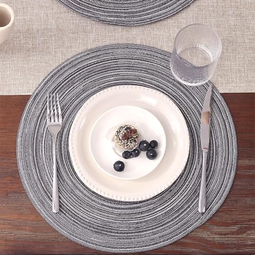 SHACOS Round Braided Placemats Set of 6 Round Table Mats 15 inch Cotton Washable for Holiday Party (Black Gray, 6)