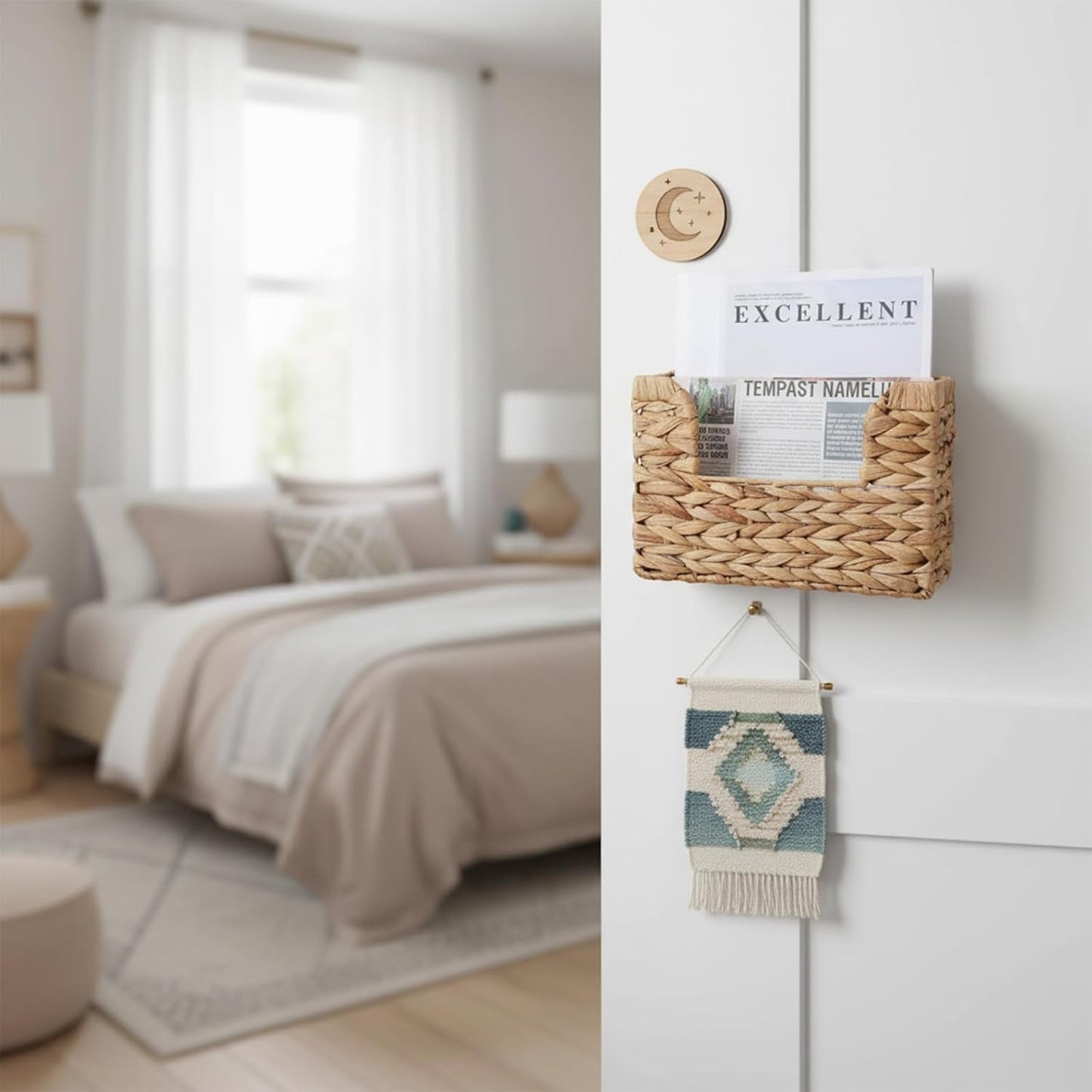 Woven Hanging Magazine Holder Water Hyacinth Magazine Basket Wall Mounted Woven Mail Organizer
