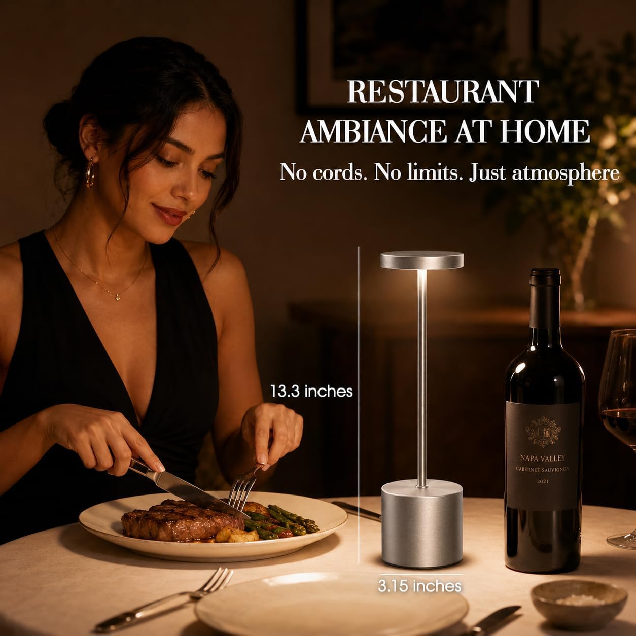 AUDLES Silver Rechargeable Table Lamps 2 Pack, Cordless Battery Operated LED Desk Lamp with Touch Control, 3 Color