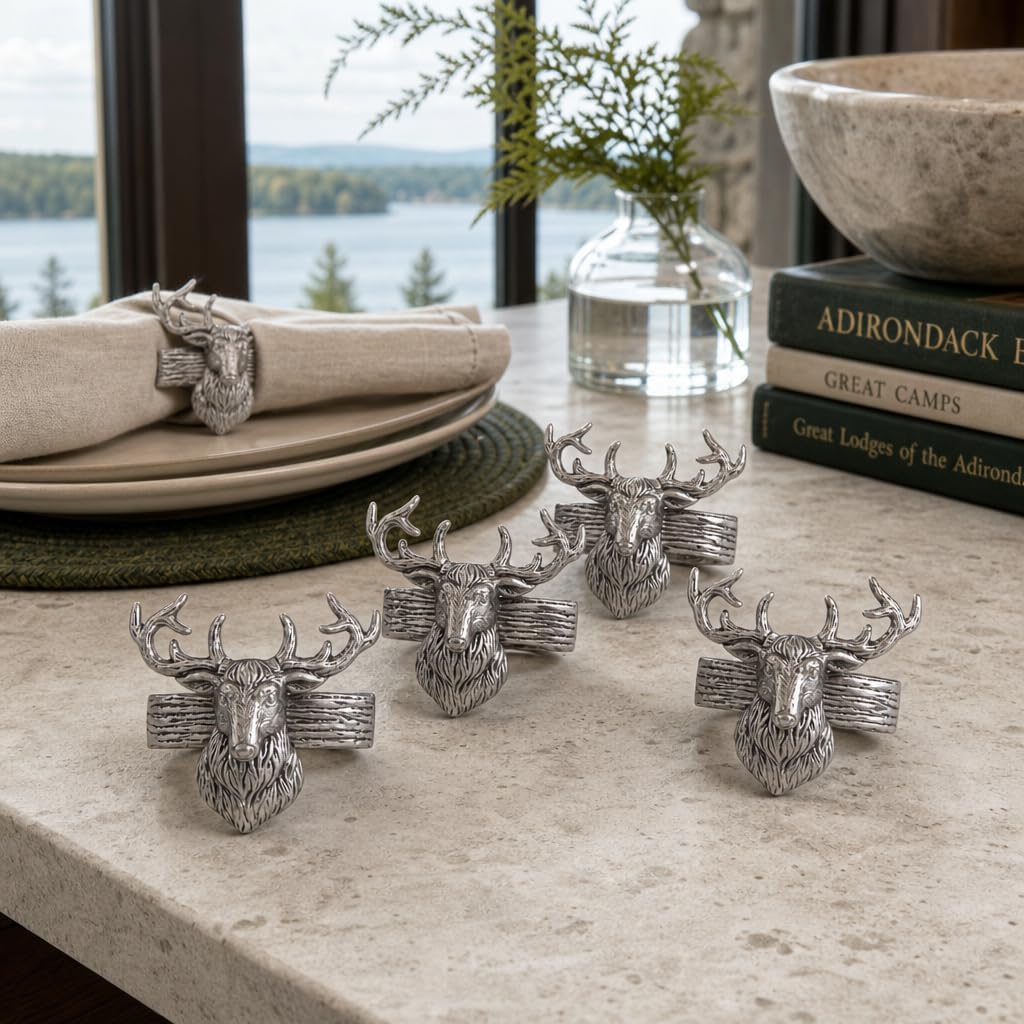 Arthur Court Elk Head Napkin Rings - Rustic Metal Set of 4 for Lodge Decor, Thanksgiving & Holiday Dining
