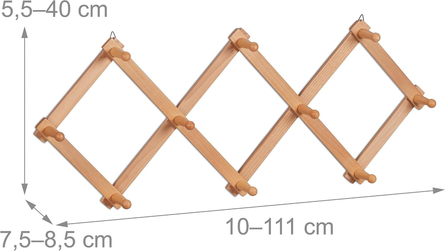 Relaxdays Wall Coat Rack, Wooden, Expandable, 10 Jacket Hooks, Hallway Outerwear Storage, 5.5 x 111 x 7.5 cm, Natural