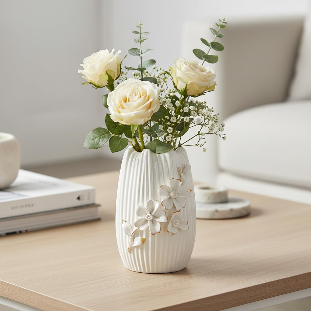 Ceramic Vase / Textured Boho Flower Vase / White / 7 Inch