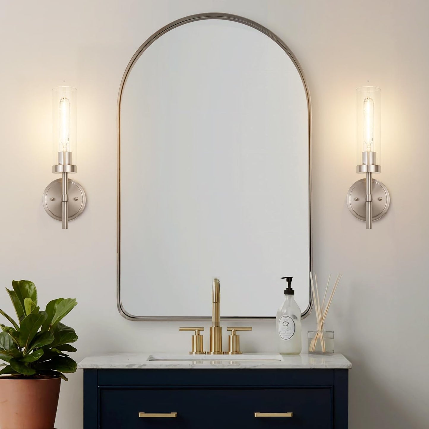 Brushed Nickel Wall Sconces Set of 2, Hardwired Bathroom Sconces Vanity Light Fixture, Farmhouse Wall Mount Lamps for