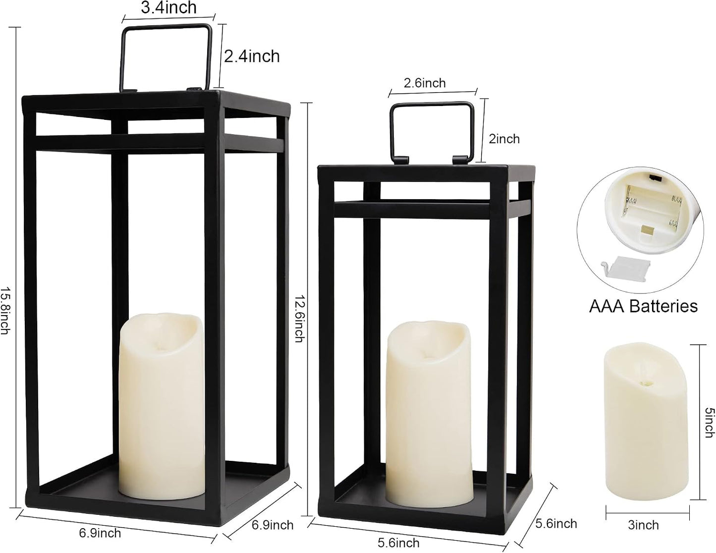 HPC Decor Black Metal Candle Lanterns Set of 2- Lanterns Decorative w/ LED Timer Candles- 15.8'' & 12.6'' Chunky Modern