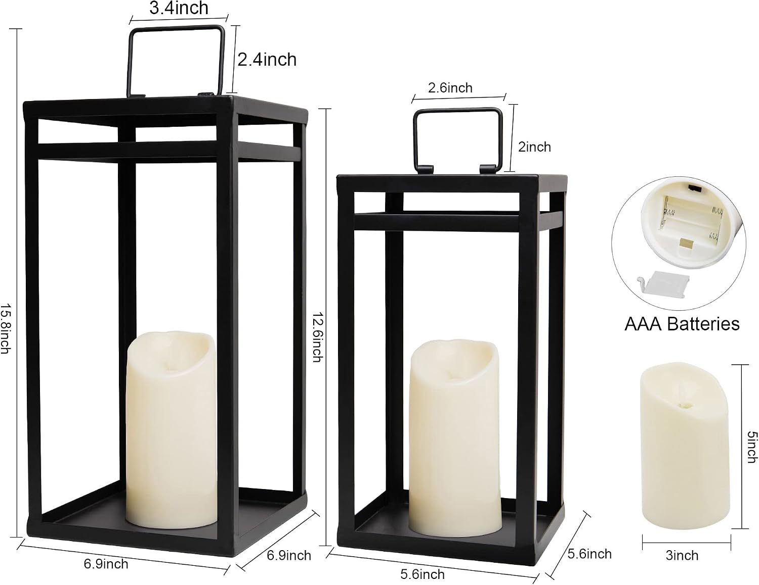 HPC Decor Black Metal Candle Lanterns Set of 2- Lanterns Decorative w/ LED Timer Candles- 15.8'' & 12.6'' Chunky Modern