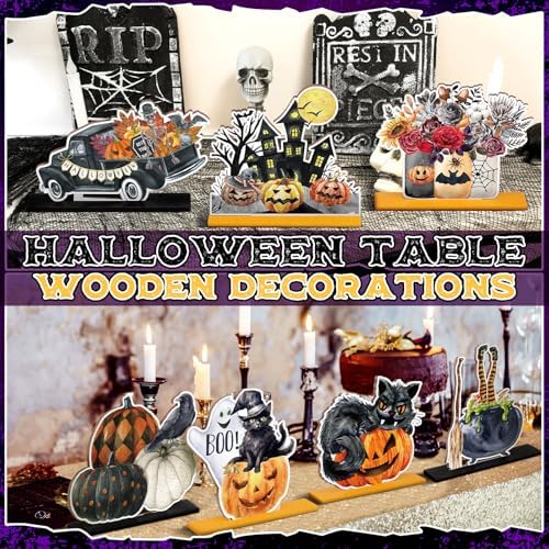 Marsui 12 Pcs Halloween Wooden Decor Pumpkin Ghost Cat Centerpieces
