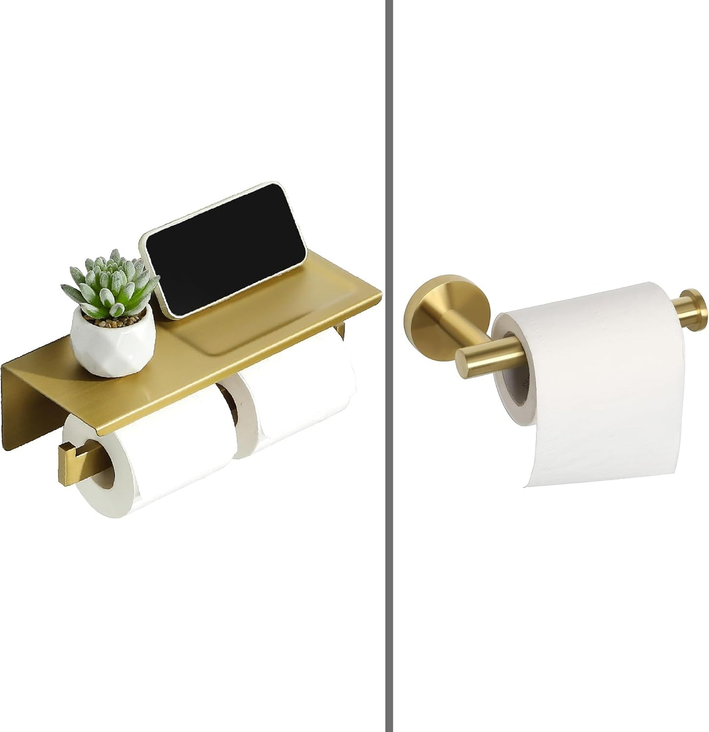 Alise Gold Double Toilet Paper Holder with Shelf,Self Adhesive or Drilling | Bathroom Tissue Holder Wall Mount,SUS304