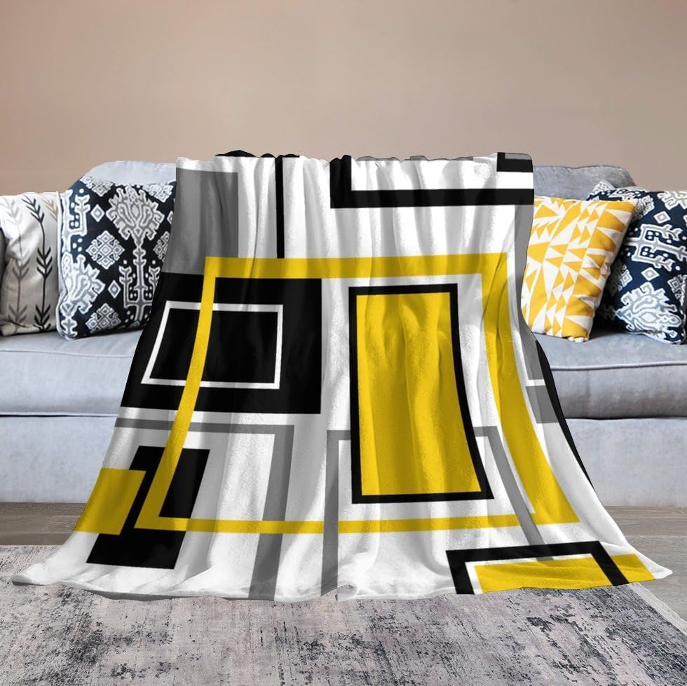 Yellow Geometric Throw Blanket Yellow Modern Black and Gray Blanket for Sofa Bed Couch Chair Or Dorm 70"x80"
