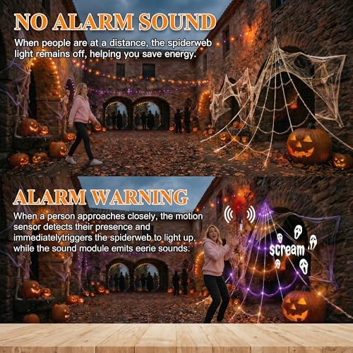 [Motion Activated Lighting&Speaking] 20 * 17FT Halloween Spider Web 150 Led Purple&Orange Lights Light Up Lighted Triangular Giant Waterproof with 200sqft Cobweb for Outdoor Decor Yard Decoration